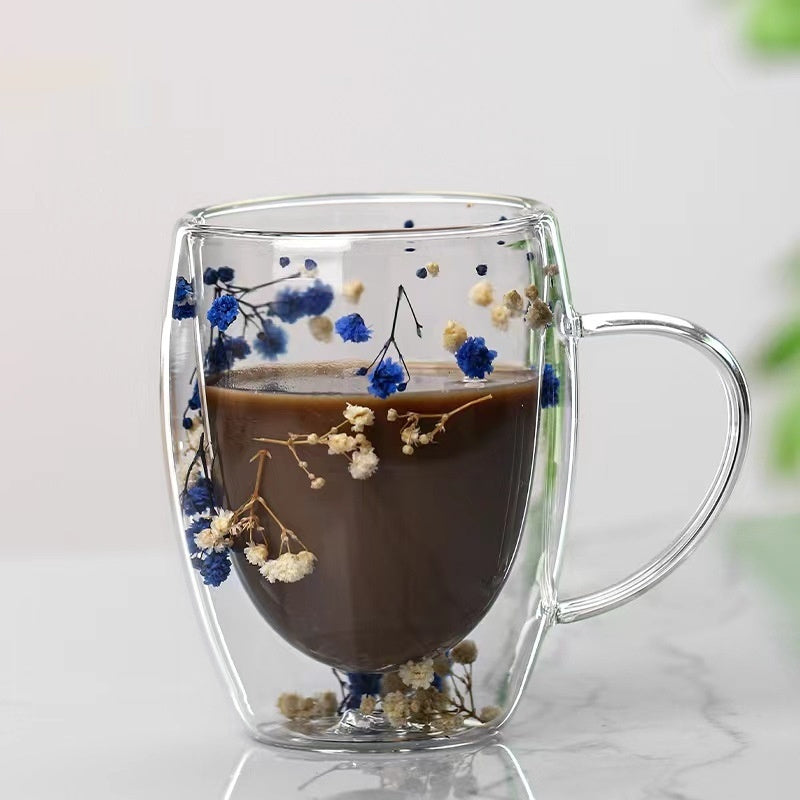 Real Flower Double Layer Glass Cup