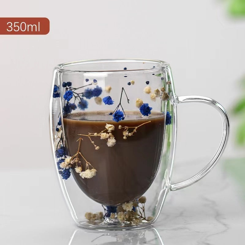 Real Flower Double Layer Glass Cup