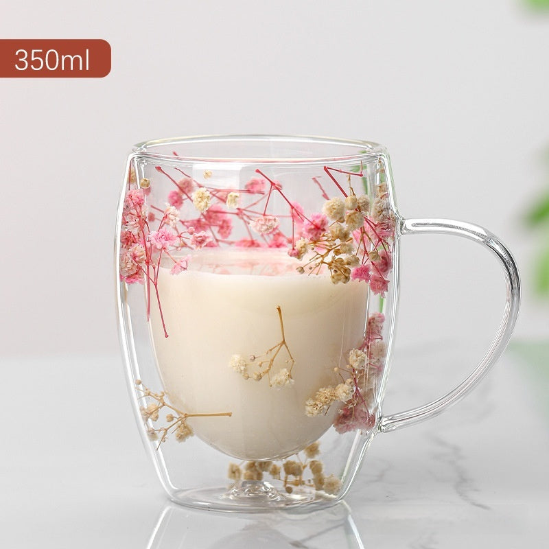 Real Flower Double Layer Glass Cup
