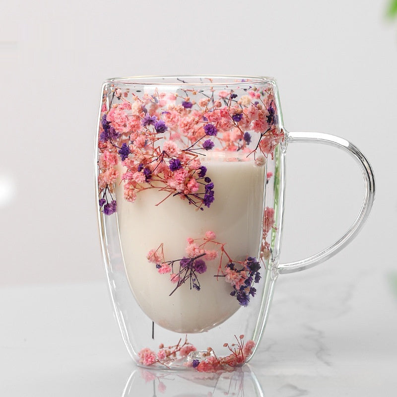 Real Flower Double Layer Glass Cup