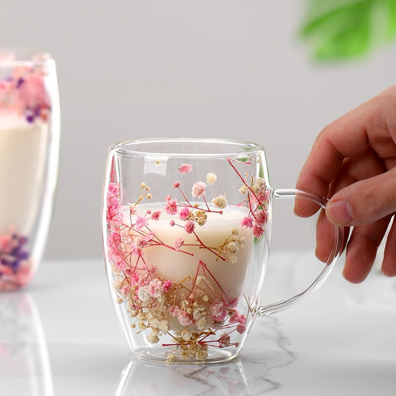 Real Flower Double Layer Glass Cup
